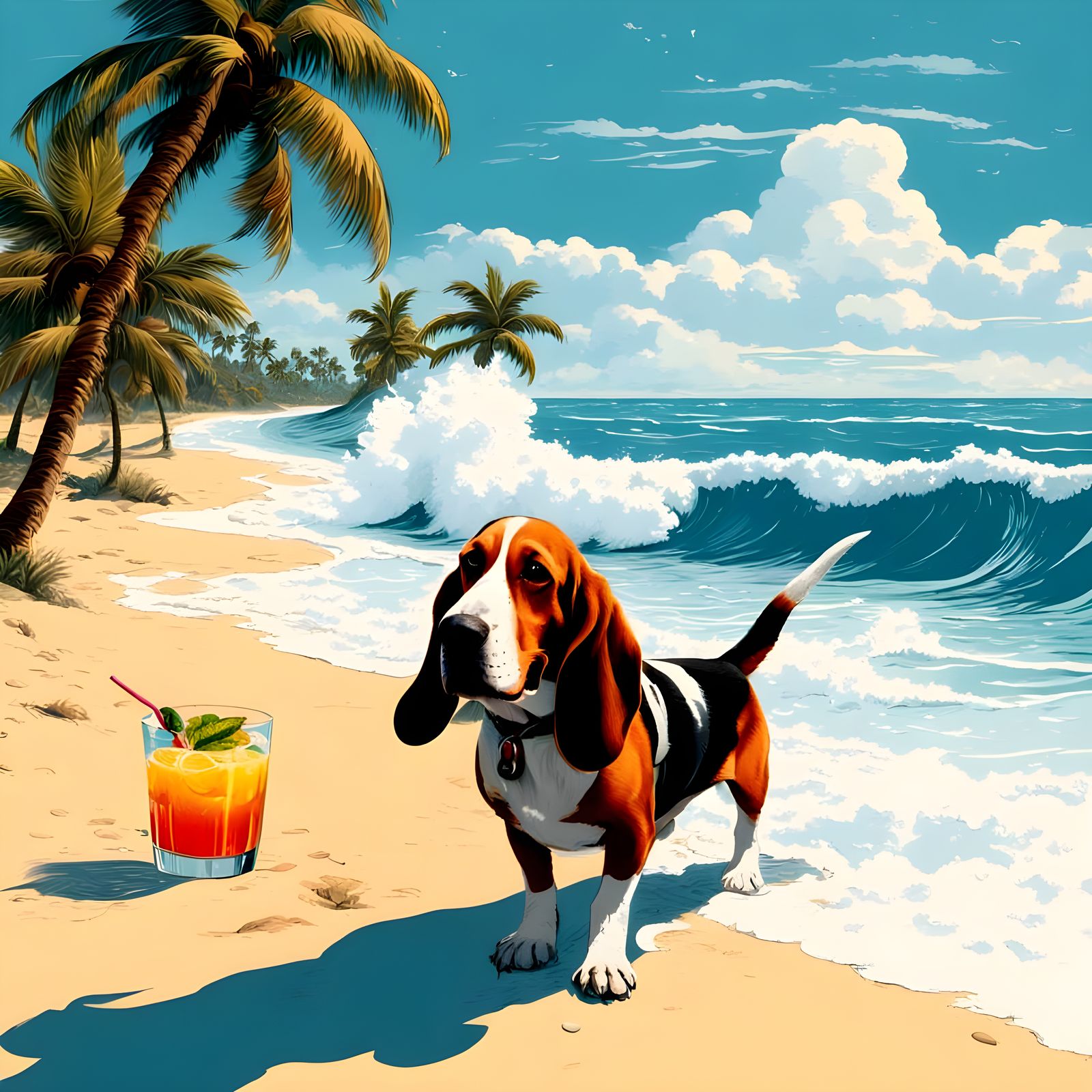 Basset Hound on Sunny Beach with Big Waves
