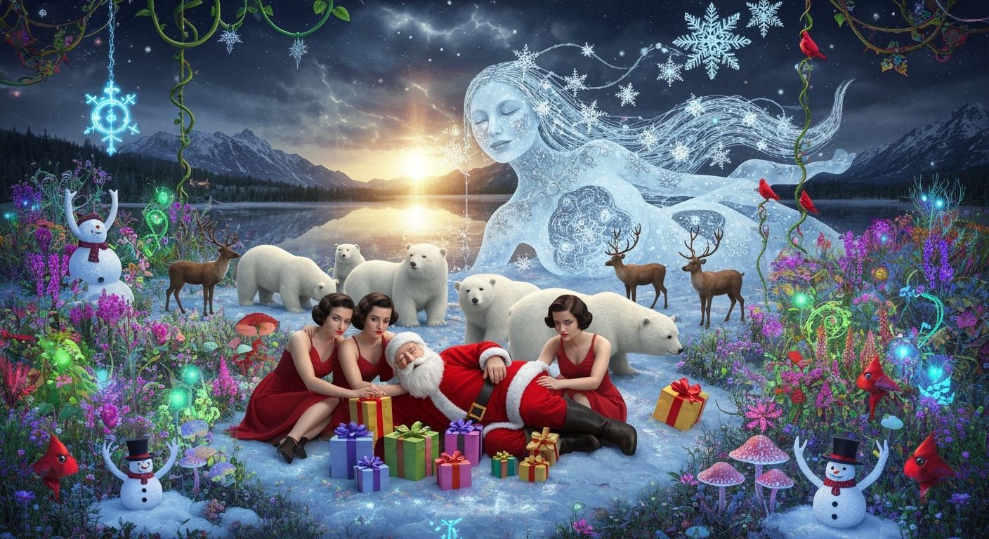 Surreal Eco-Art Garden with Santa, Twins, and Polar Bears