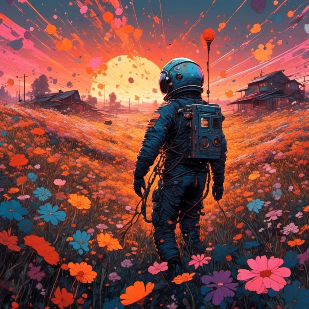 Astronaut in Flower Field at Sunset: Matte Photography