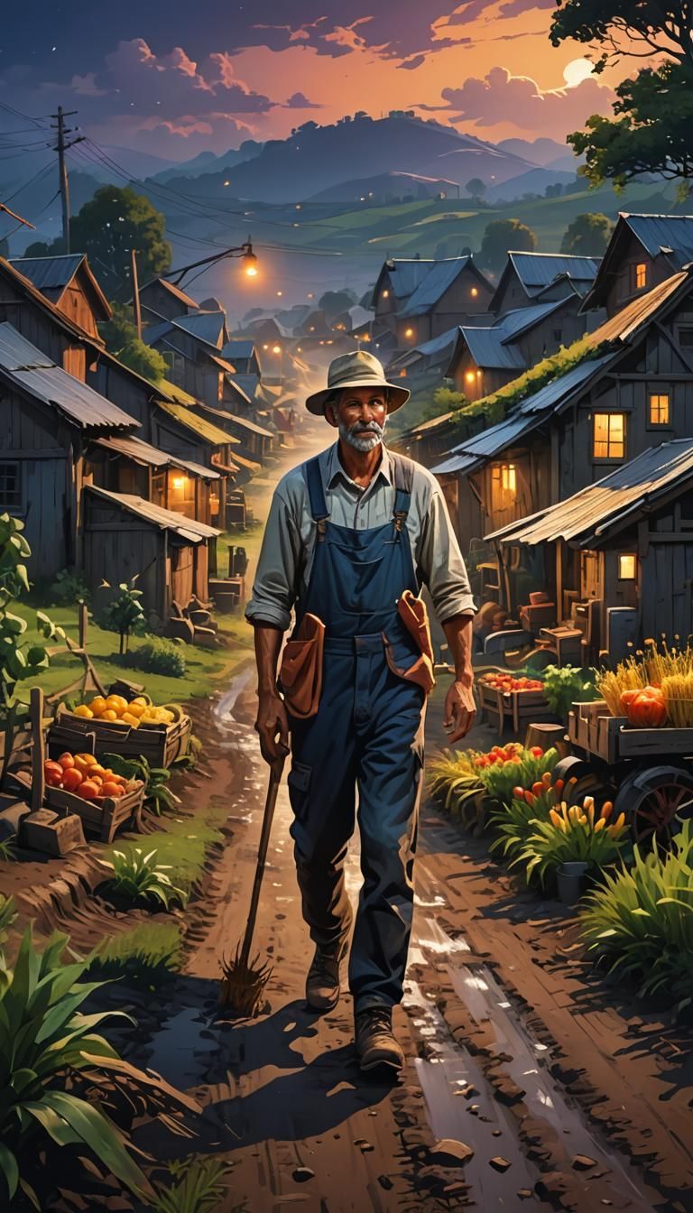 Nighttime Village Scene in Hyperrealistic Style