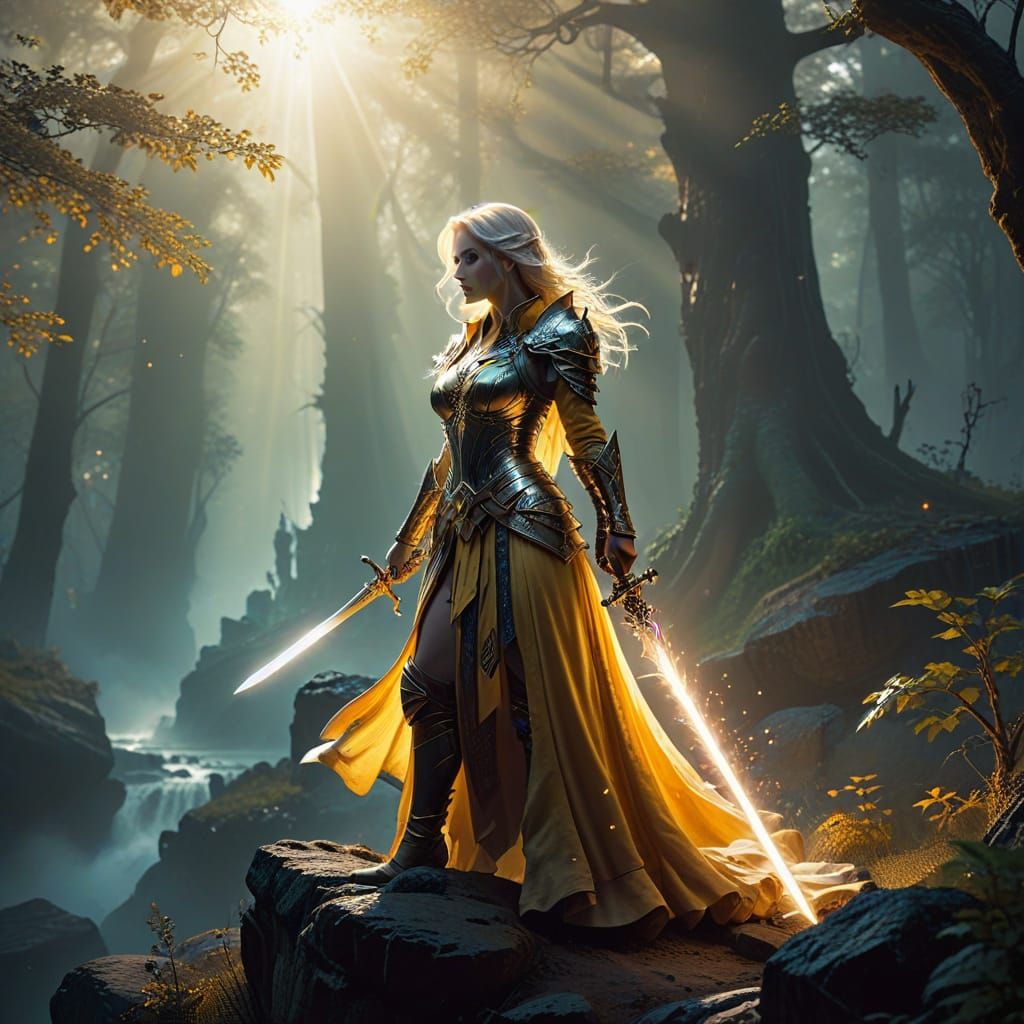 Beautiful Blonde - - Mage Robes - Magic Sword - Fantasy Landscape