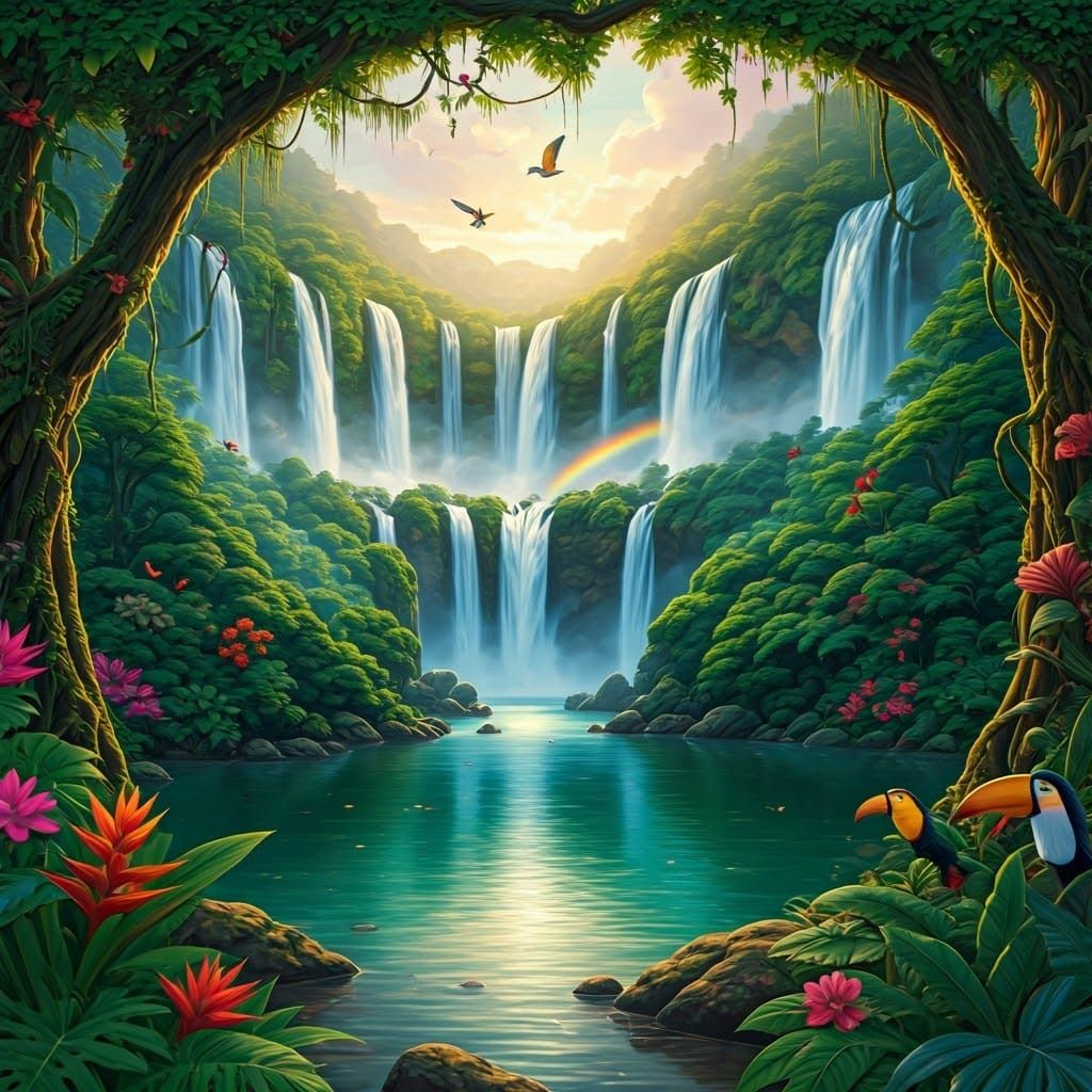 Lush Jungle Waterfalls with Rainbows and Emerald Lake