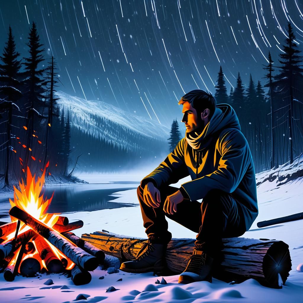 Dystopian Dreamcore: Man by Campfire in Snow