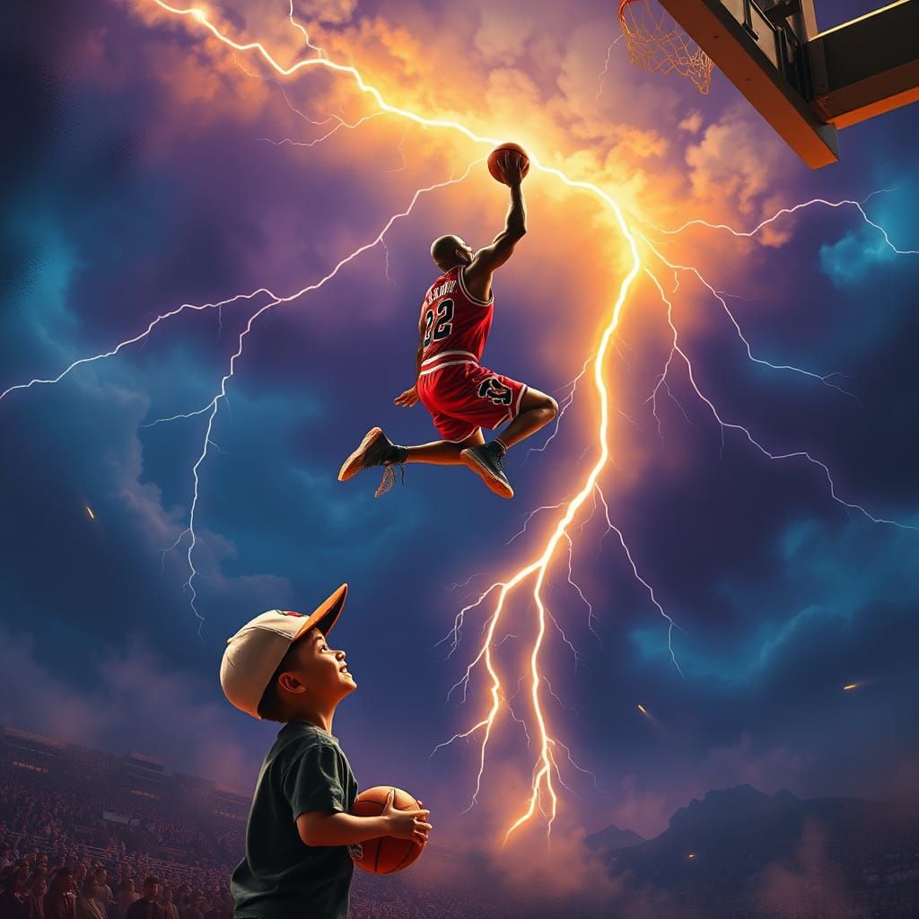 Basketball Player Dunking in Lightning Storm