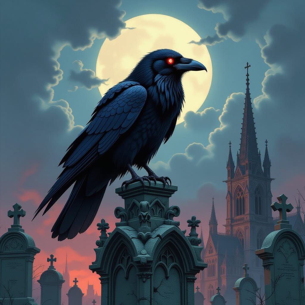 Raven on Gothic Cathedral in Dark Fantasy Style