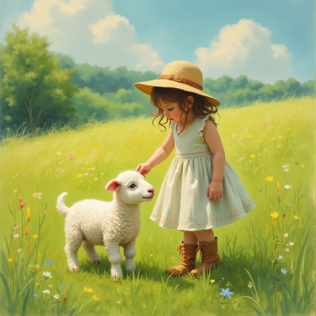Girl and Lamb in Dreamy Pastoral Landscape