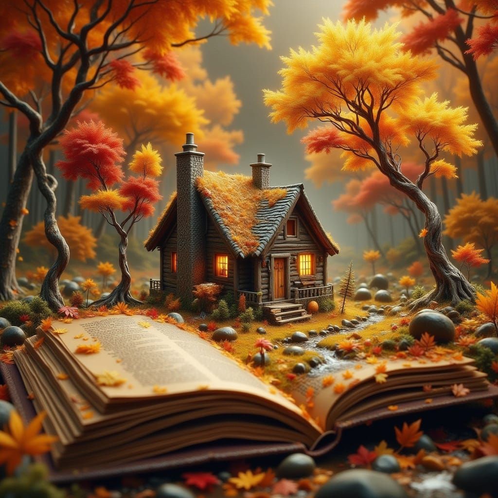 Tiny Cabin on Book Pages Amidst Autumn Forest