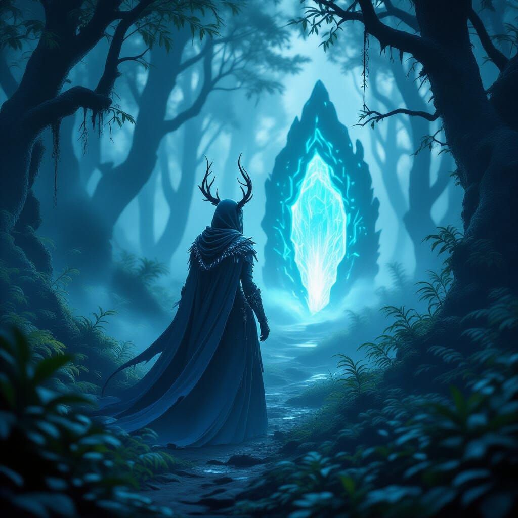 Bioluminescent Shardmind Guards Portal in Misty Forest