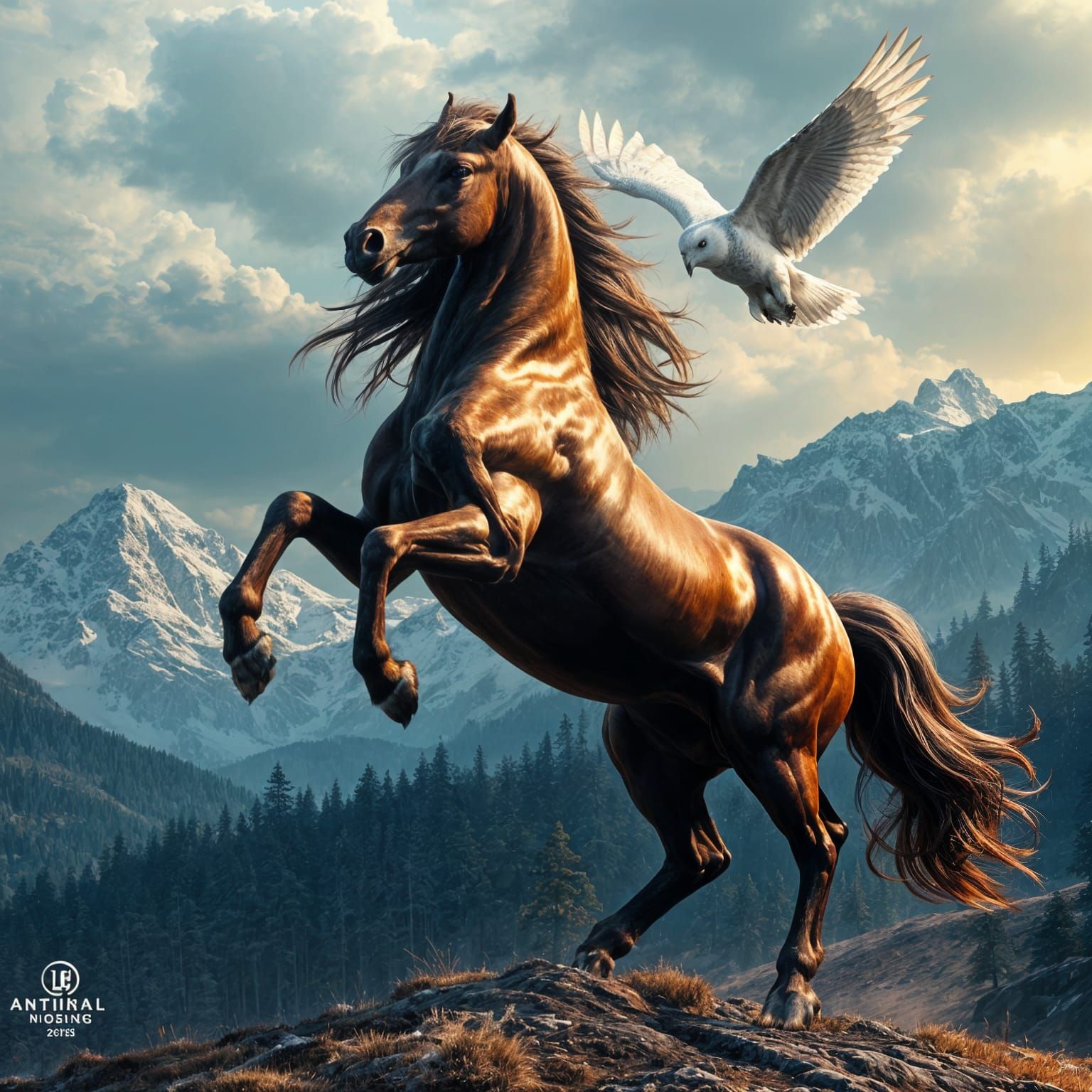 Powerful Horse and Snowy Owl Fantasy Art