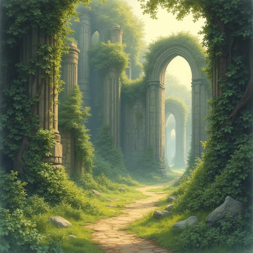 Ruins Reclaimed: Watercolor Landscape of Nature's Resilience