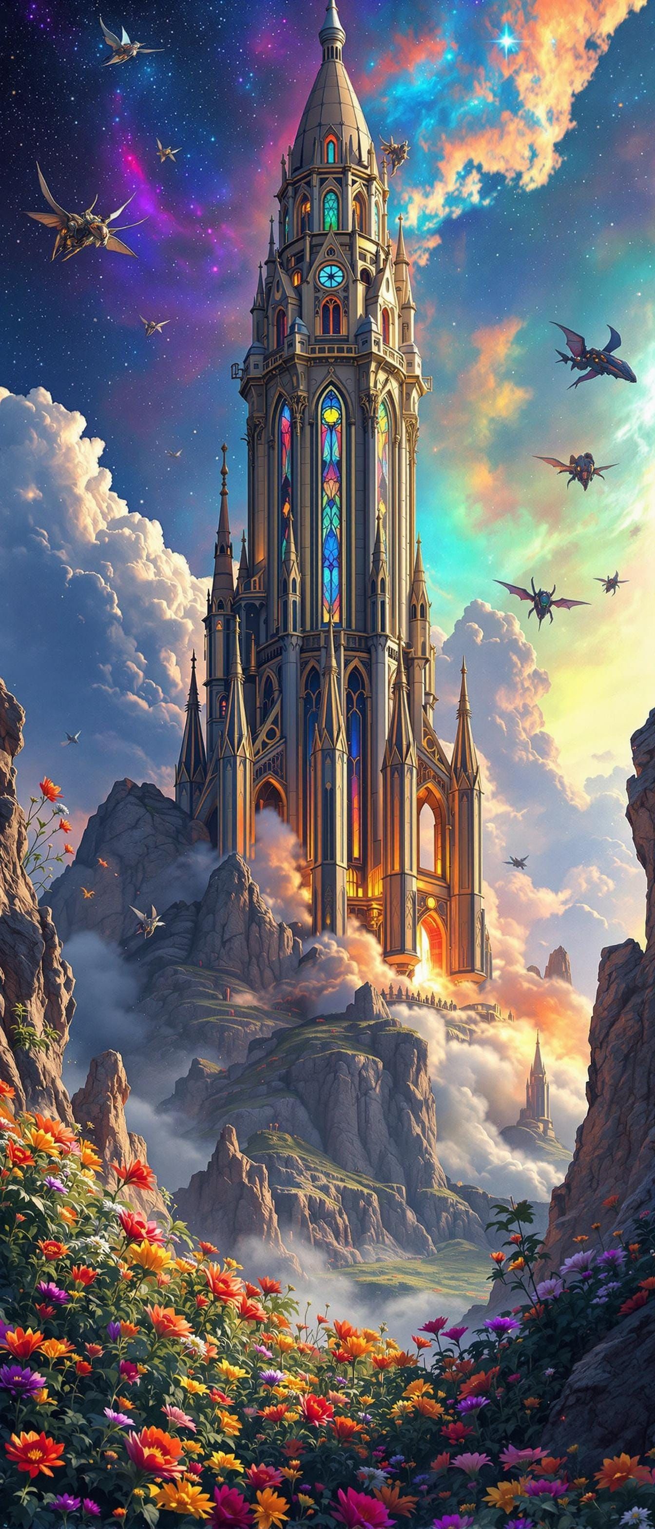 Steampunk Cathedral Rocket Launch Under Psychedelic Sky