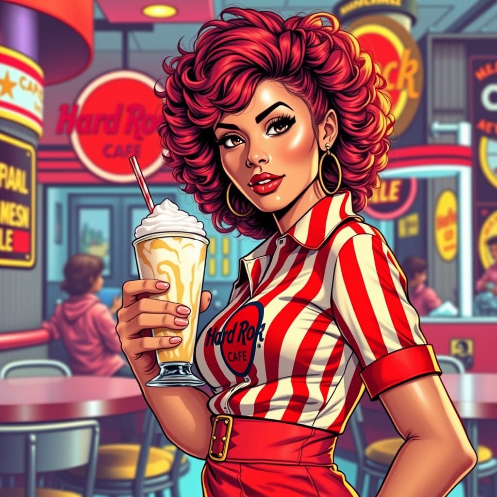 Stunning Woman in 1970s Hard Rock Cafe Uniform, Comic Book S...