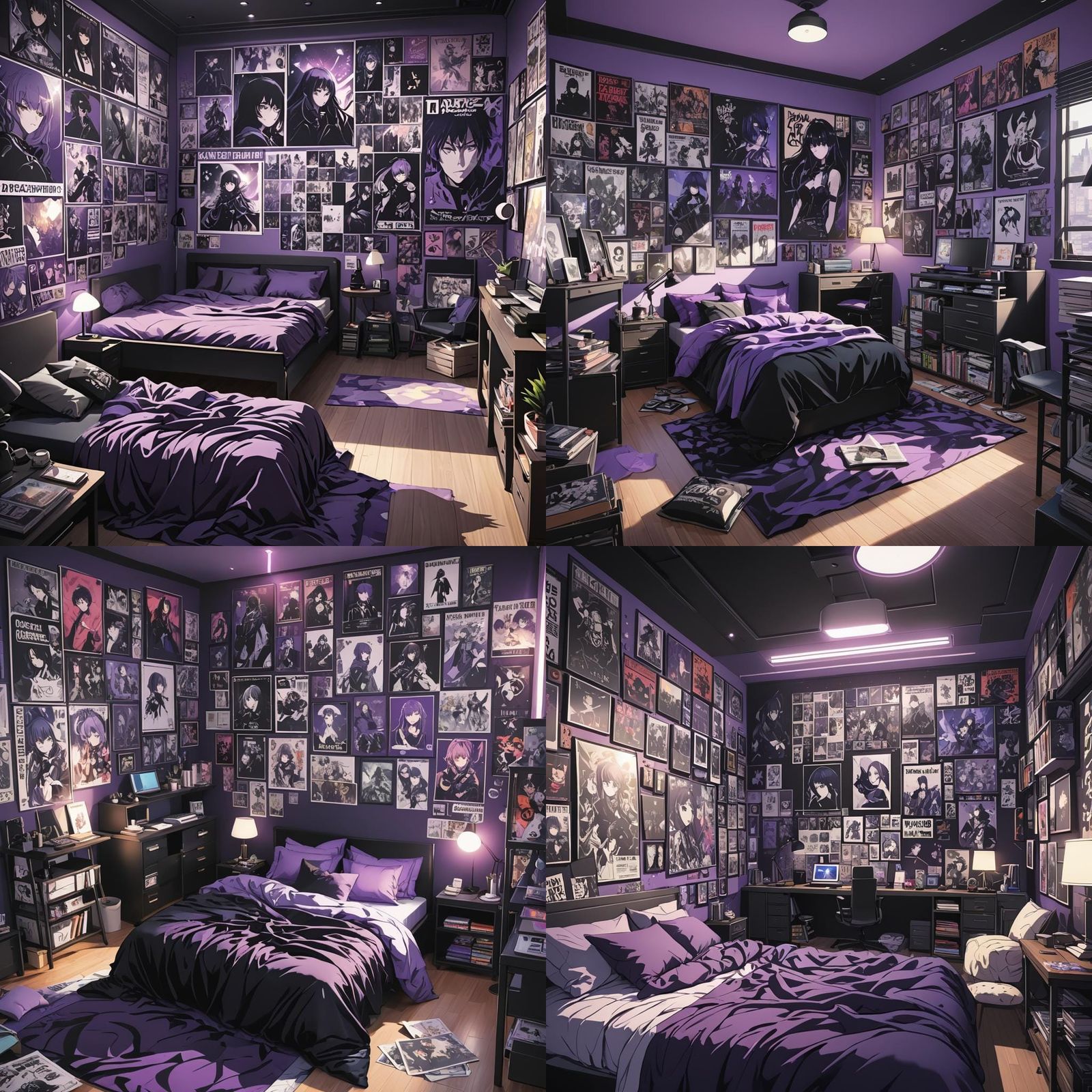 Anime Style Bedroom with Band Posters and Black Bed