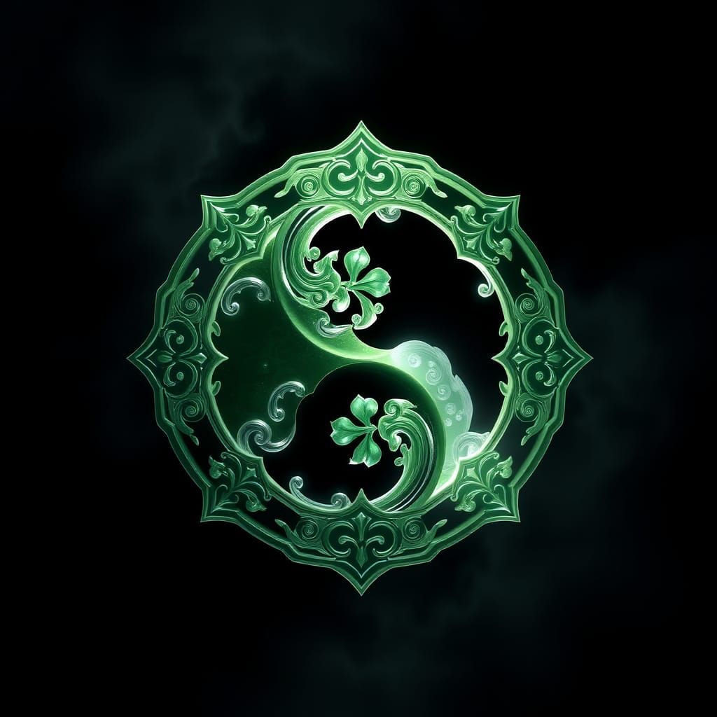 Beautiful Jade ying yang symbol. Completely black background , misty
