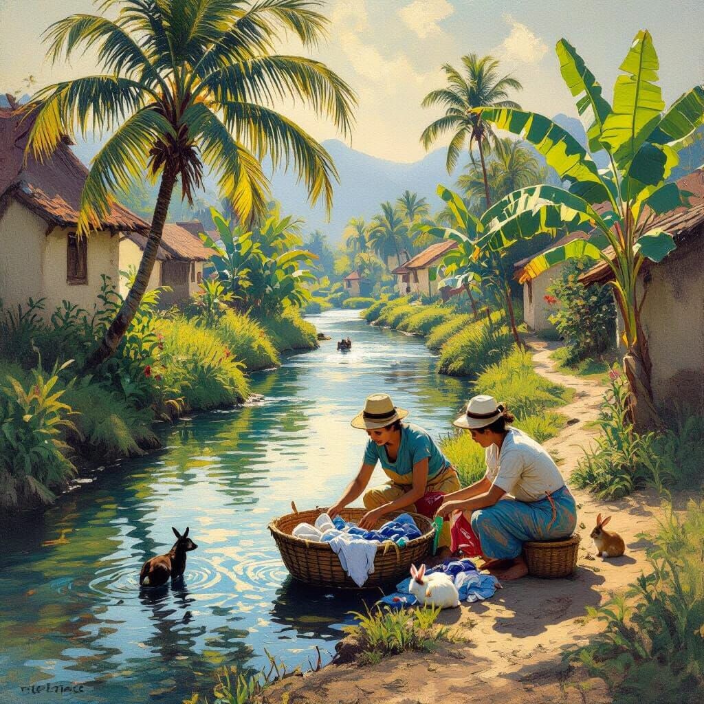 Serene Village Scene with Women Washing Clothes