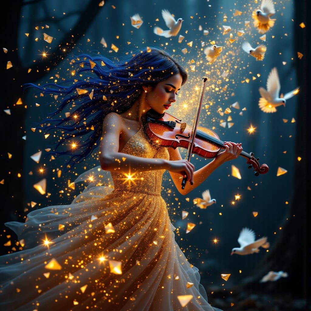 Ethereal Violinist in Crystalline Symphony of Light