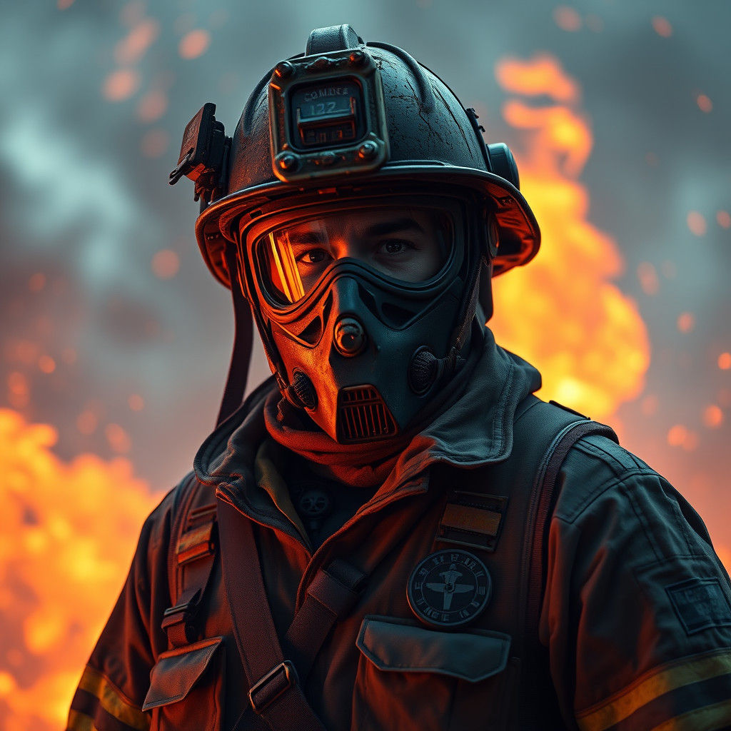 Heroic Firefighter in Fiery High-Fantasy World