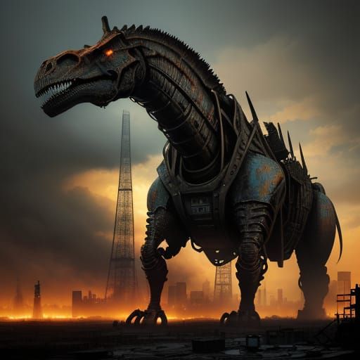 Cyberpunk War Machine in Ruined Cityscape