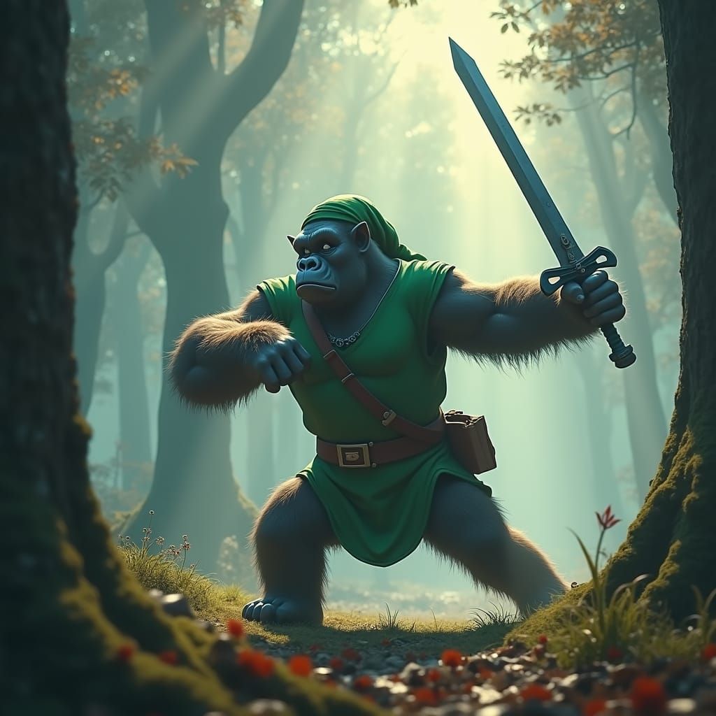 Gorilla Link Swinging Master Sword in Misty Forest