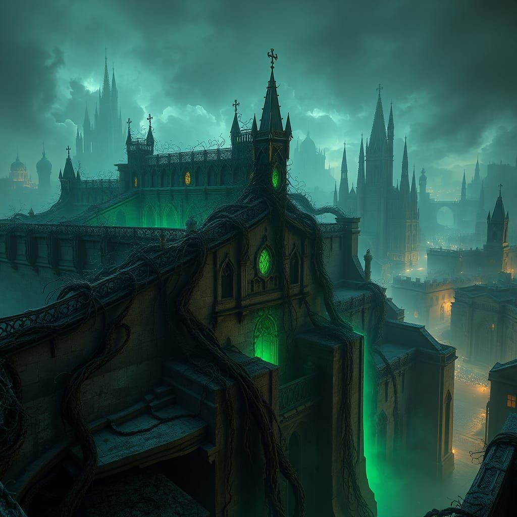 Mystical Barricade in War-Torn Cityscape