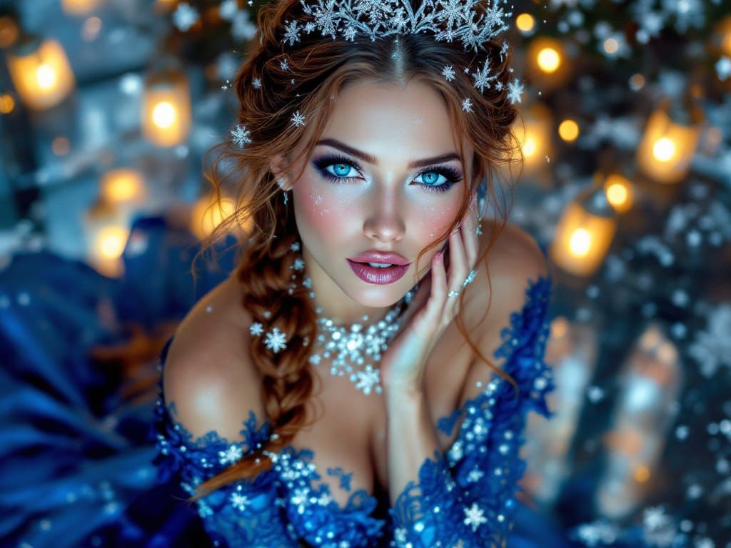 Woman in Blue Gown with Glitter Snowflakes