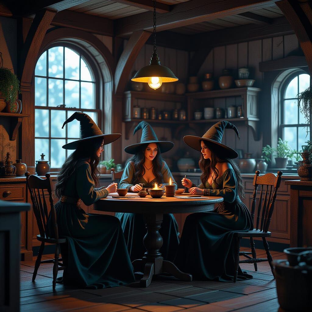 Witches Conversing in Cozy Wood Kitchen Concept Art