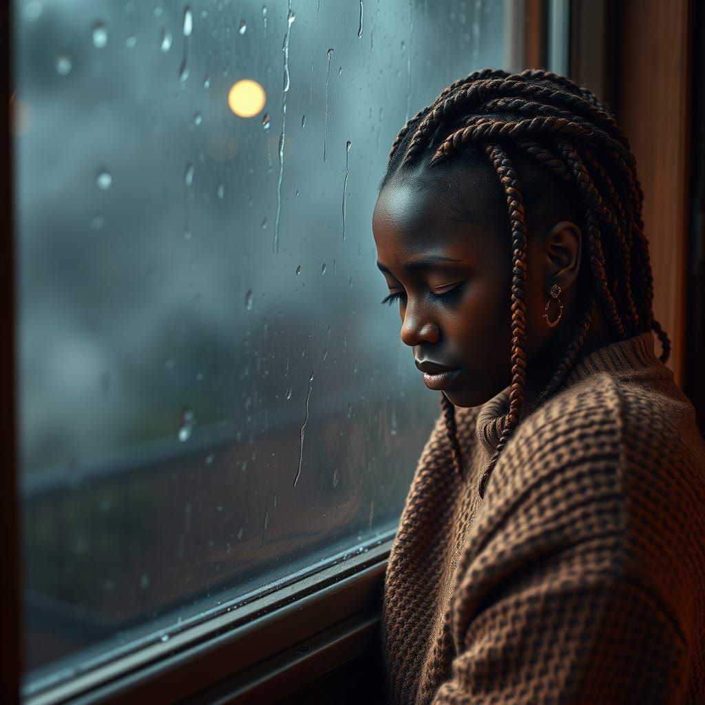 African Woman Contemplating Life's Mysteries in a Rainy Atmo...