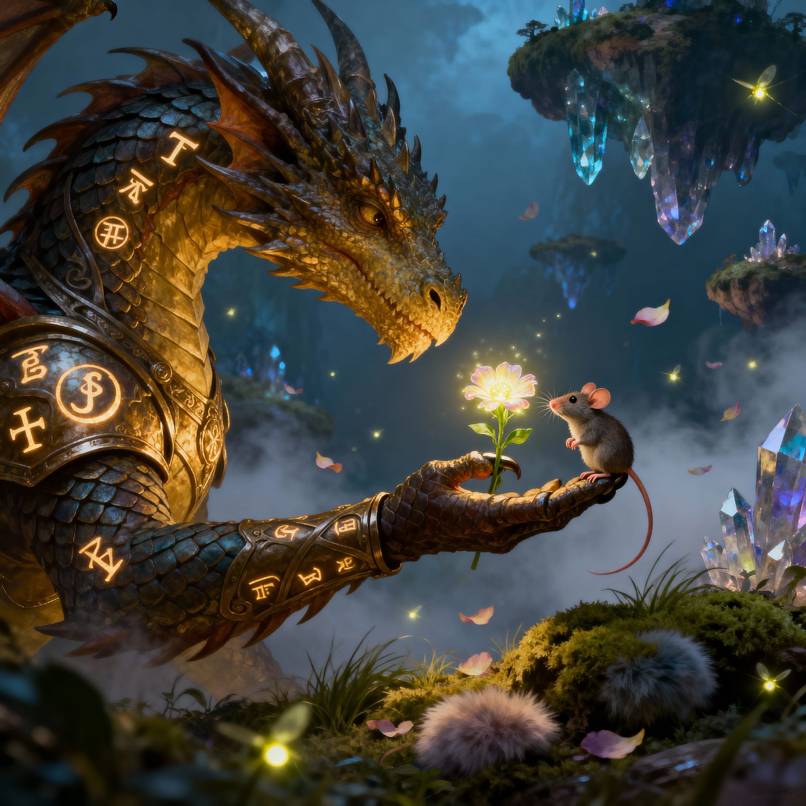 Dragon and Mouse Friendship in Magical Realism Digital Art