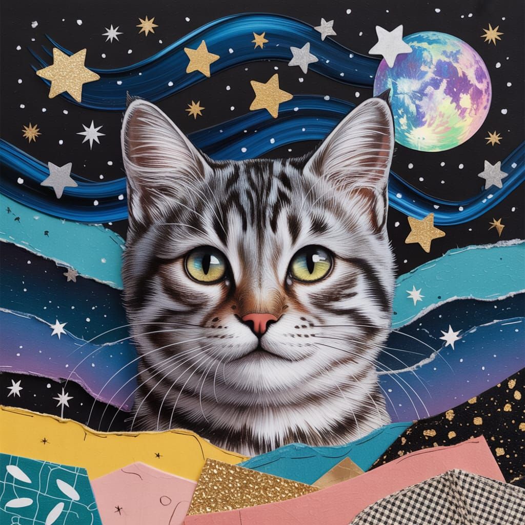 Surreal Cat in Night Sky Mixed Media Collage