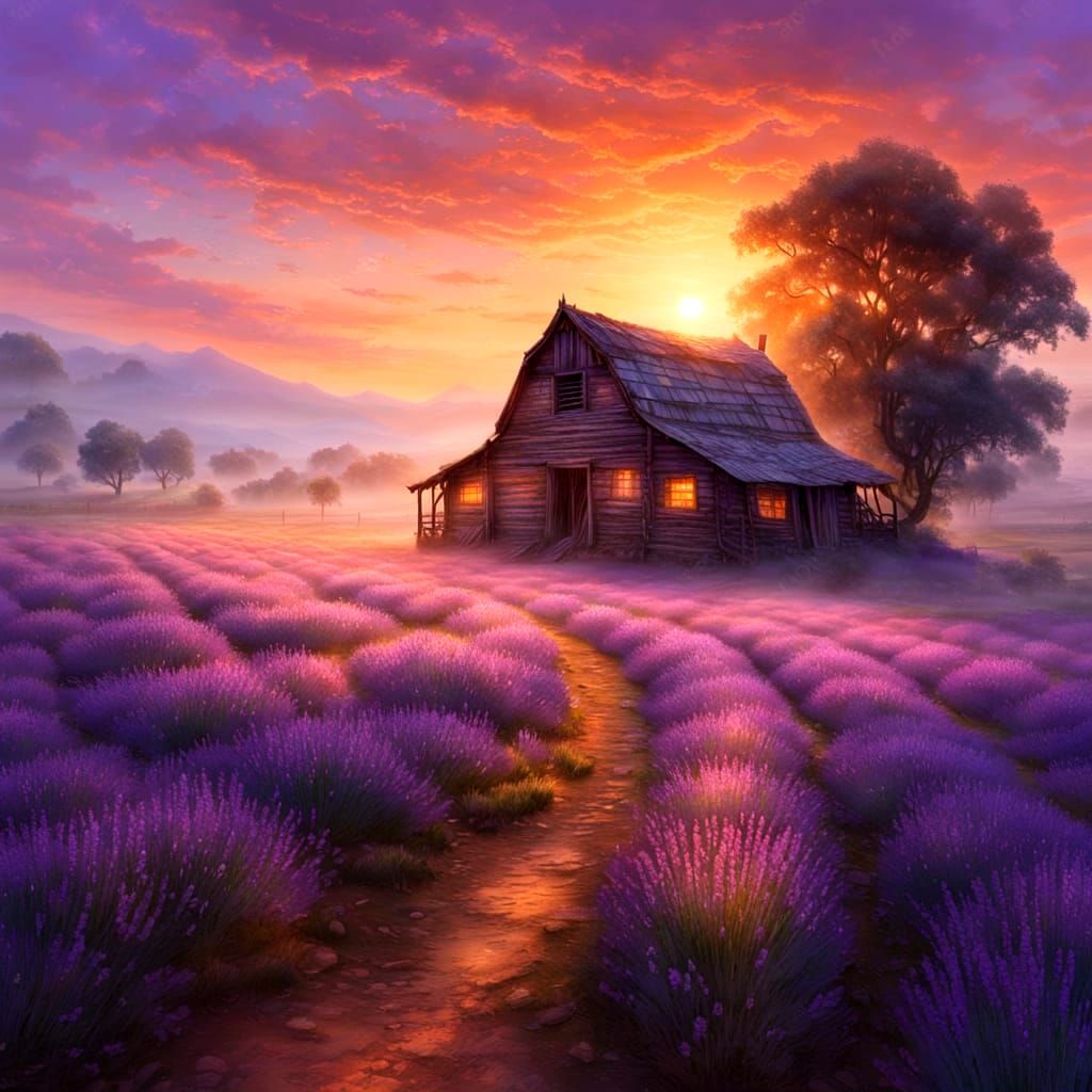 Lavender Field at Sunrise in Ethereal Style