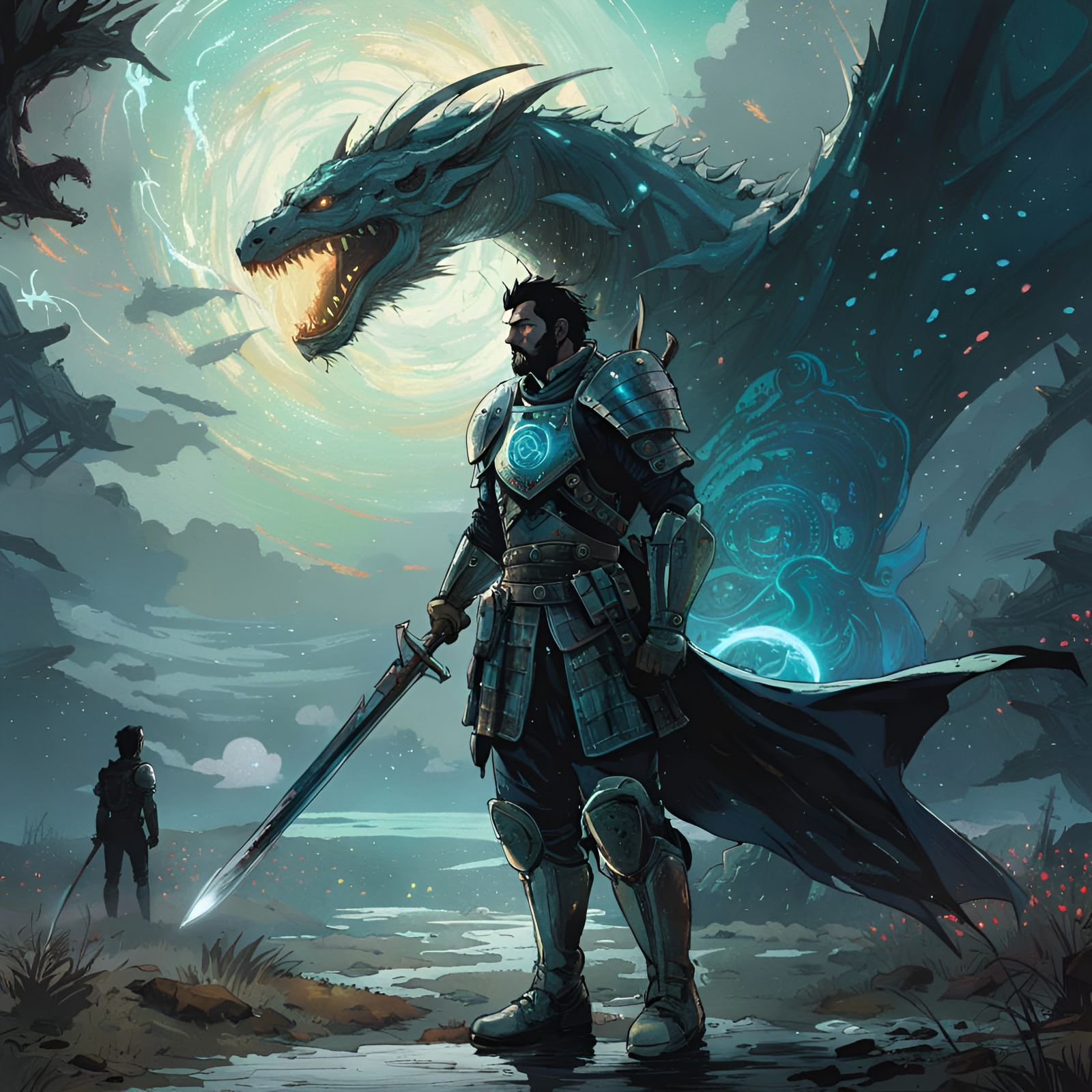 Knight and Dragon Under a Bioluminescent Galaxy