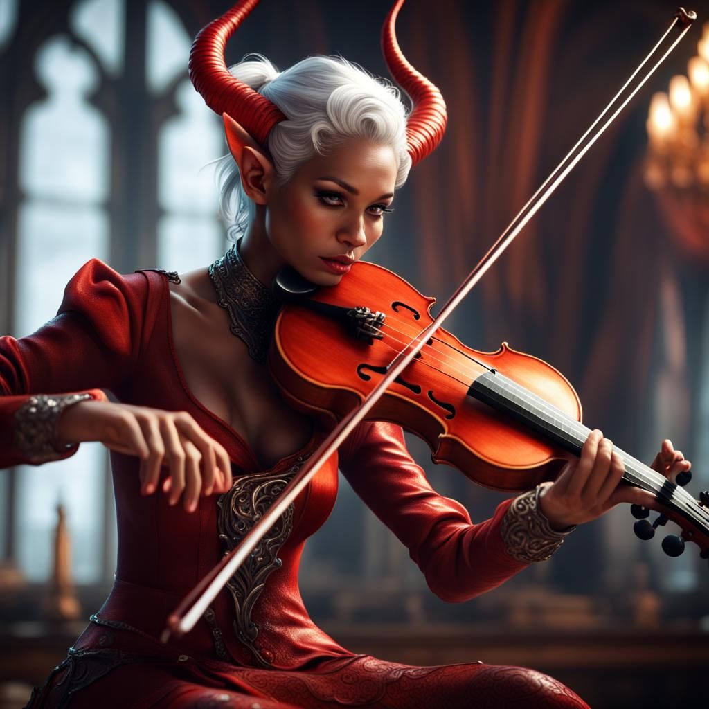 Tiefling Woman Plays Violin: Fantasy Art