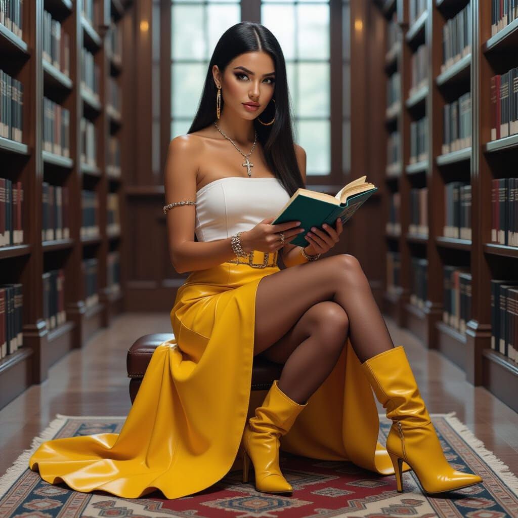 Woman Reading in Library, Realistic Digital Art