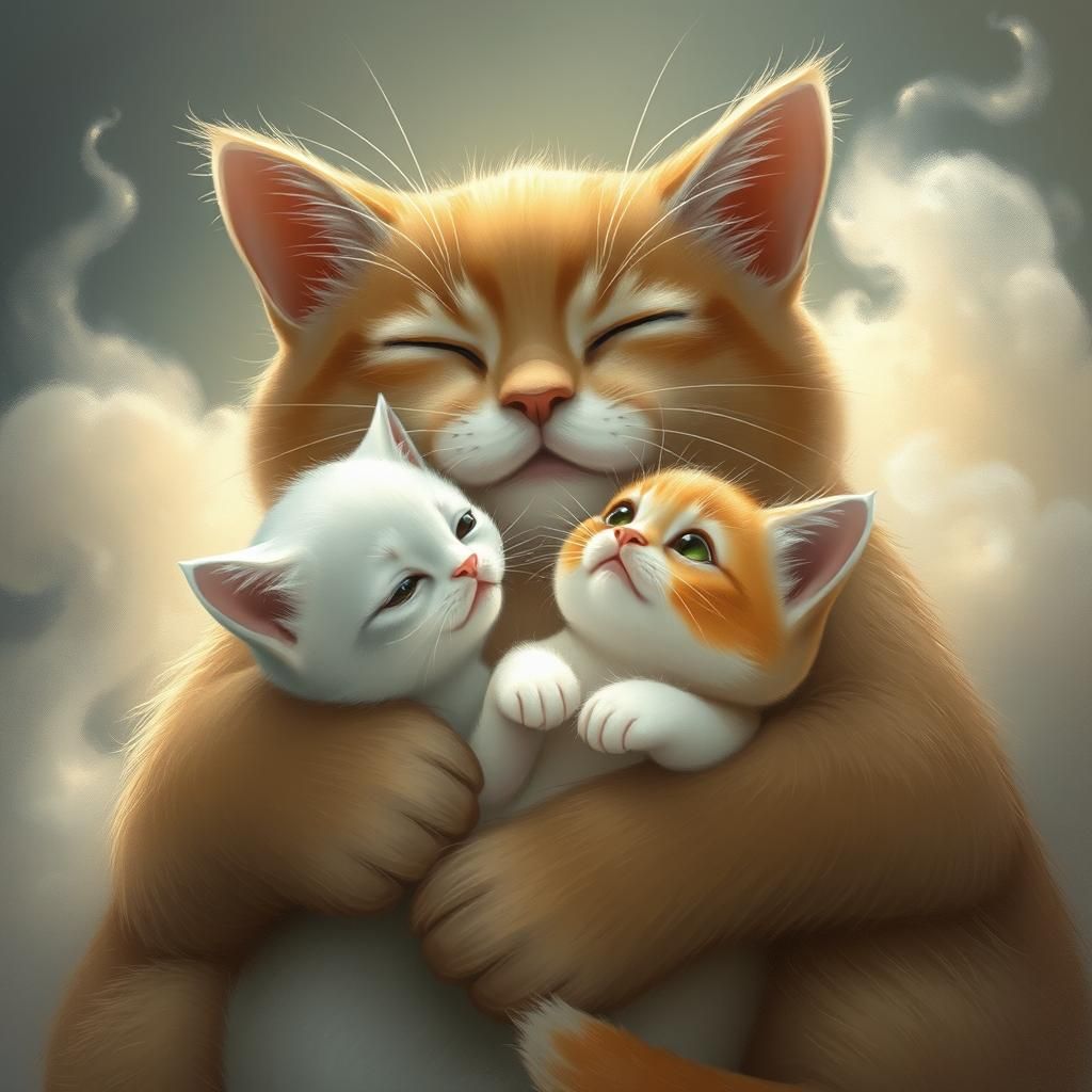Mother Cat and Ghostly Kitten in Dreamlike Illustration