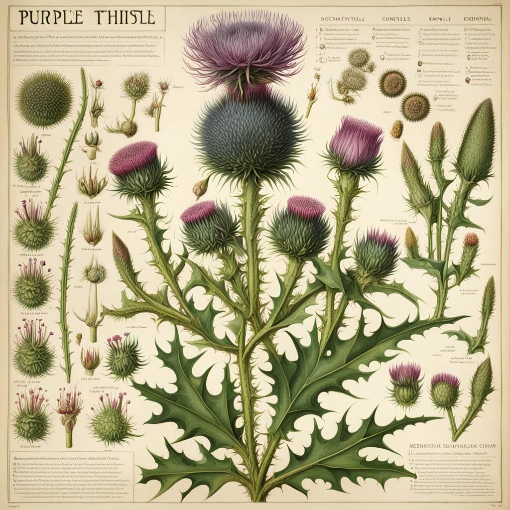 Detailed Botanical Diagram of a Purple Thistle