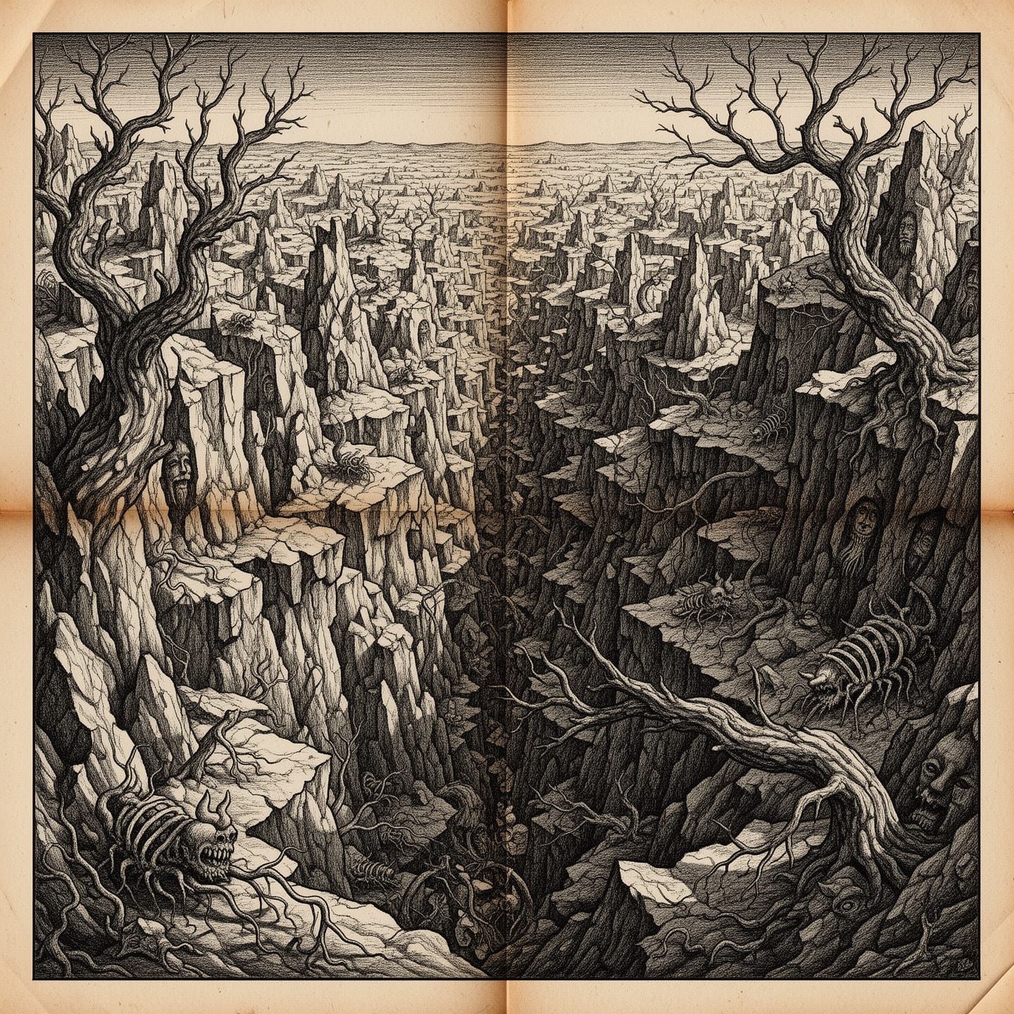 Monochromatic Horror Vacui Landscape in Charcoal Tones