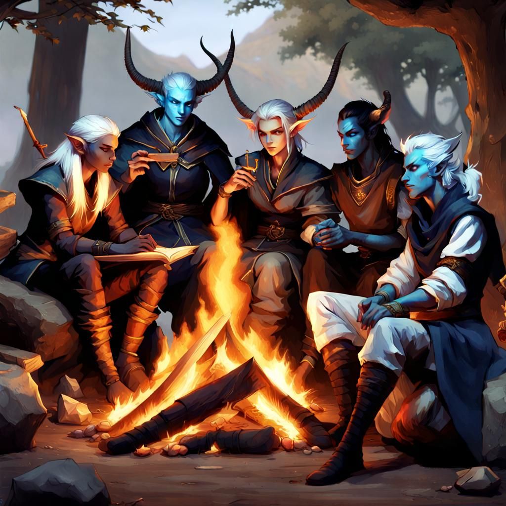 Fantasy Characters Around Campfire: Dark Fantasy Concept Art