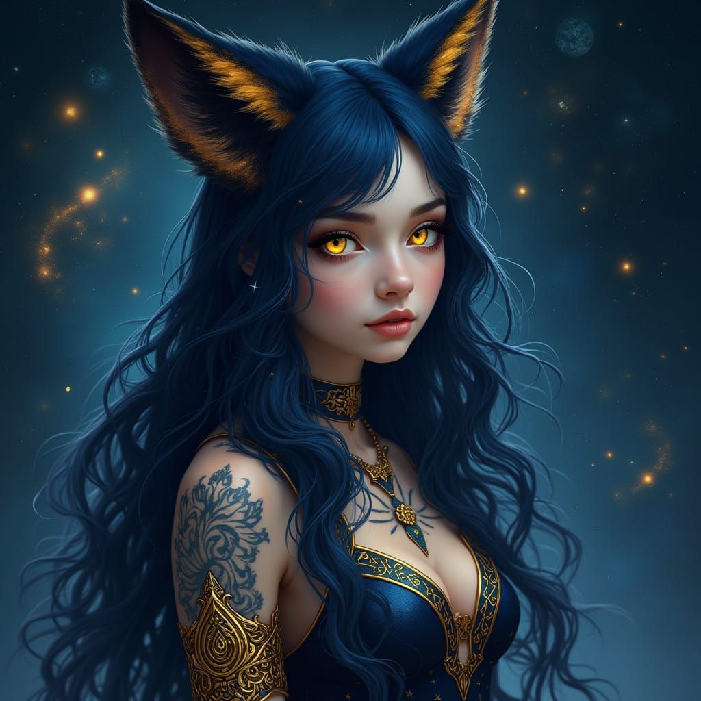Mystical Fox-Eared Girl in Cosmic Space