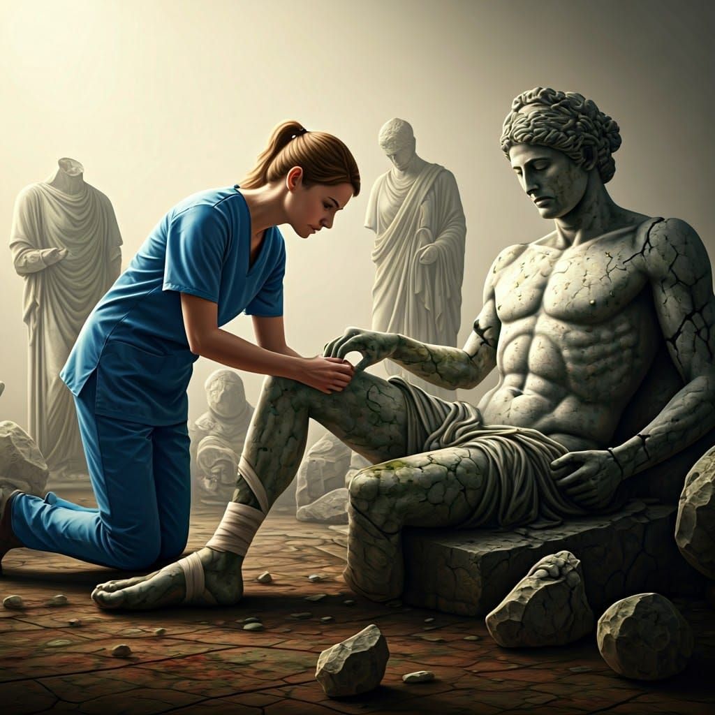 Nurse Heals Stone Statue: Pre-Raphaelite Digital Art