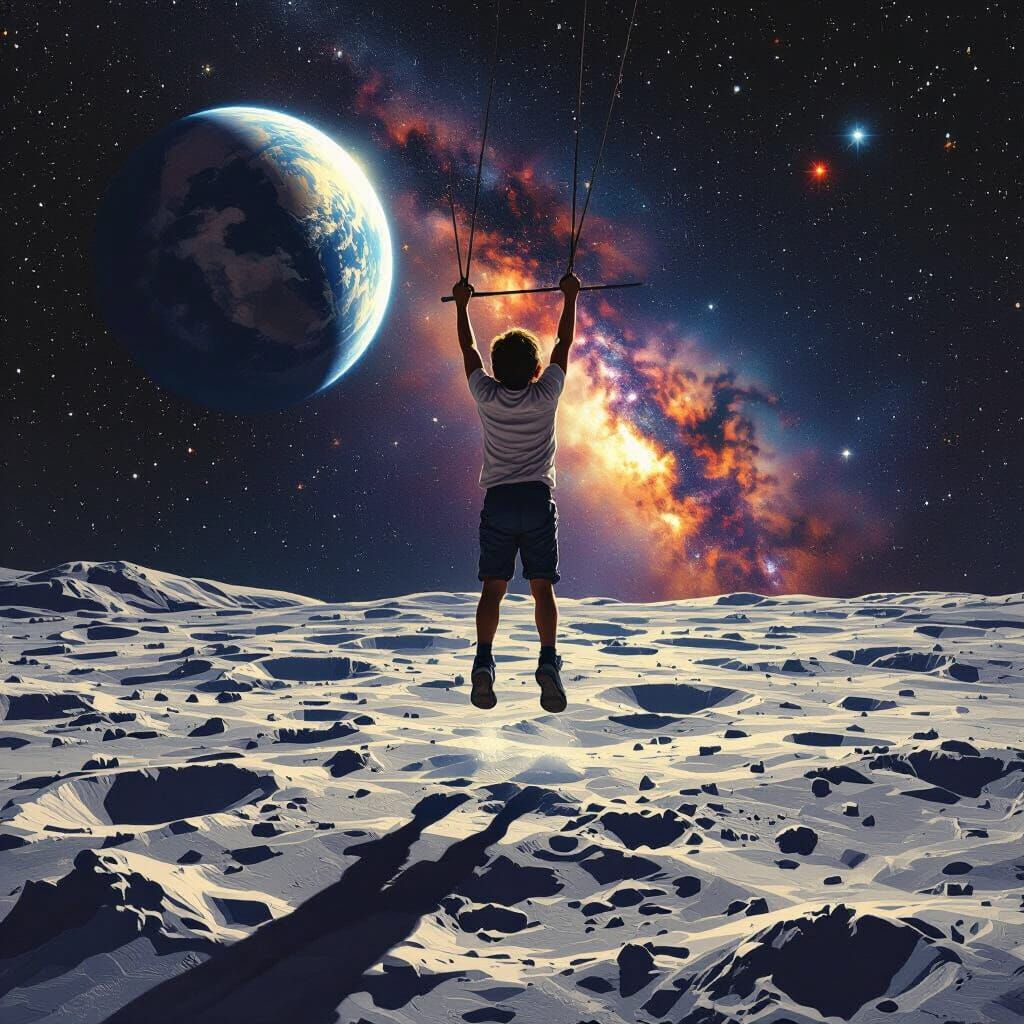 Boy Does Pull-Ups on the Moon with Earth View