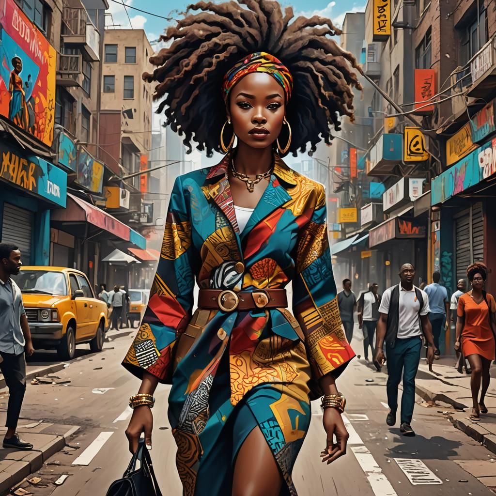 Stylish African Woman in Modern City, Detailed Matte Paintin...