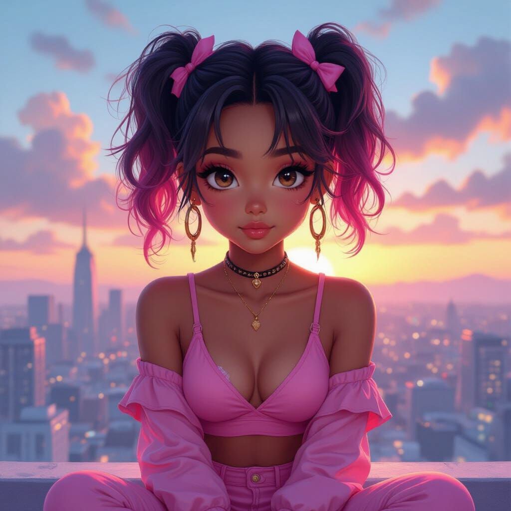 Sunset Cityscape: Dark Pink-Haired Anime Girl