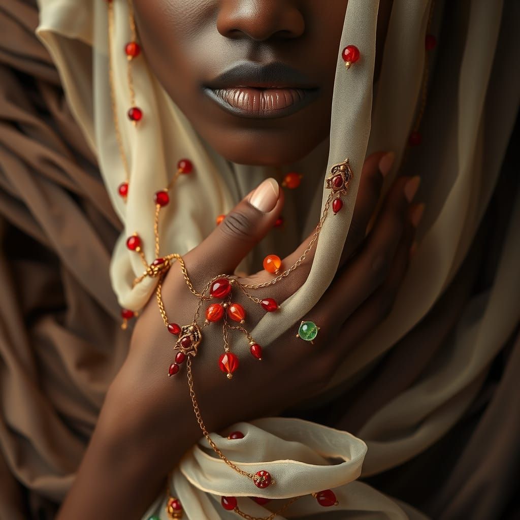 Beaded Fabric in Gentle Hand, Art Nouveau Style