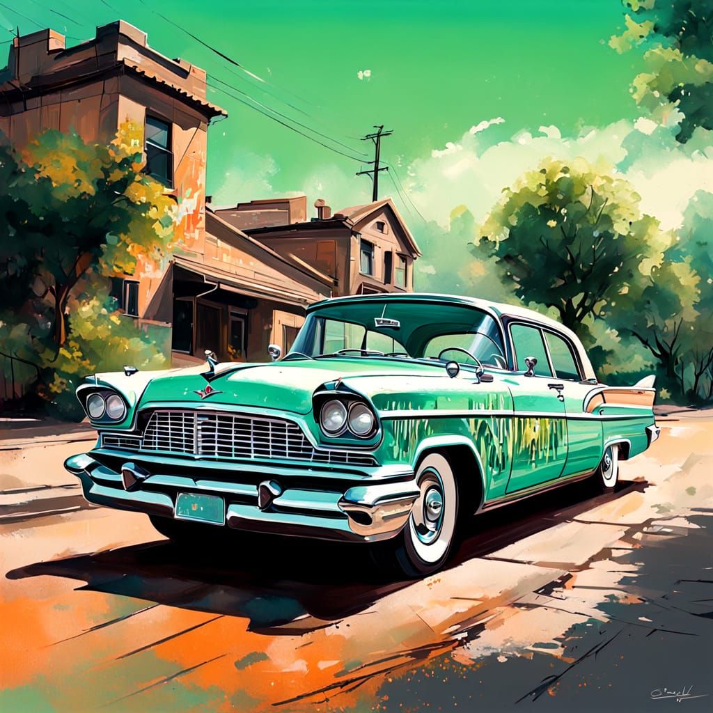 Vintage Mint Green Cruiser Drives Through Countryside