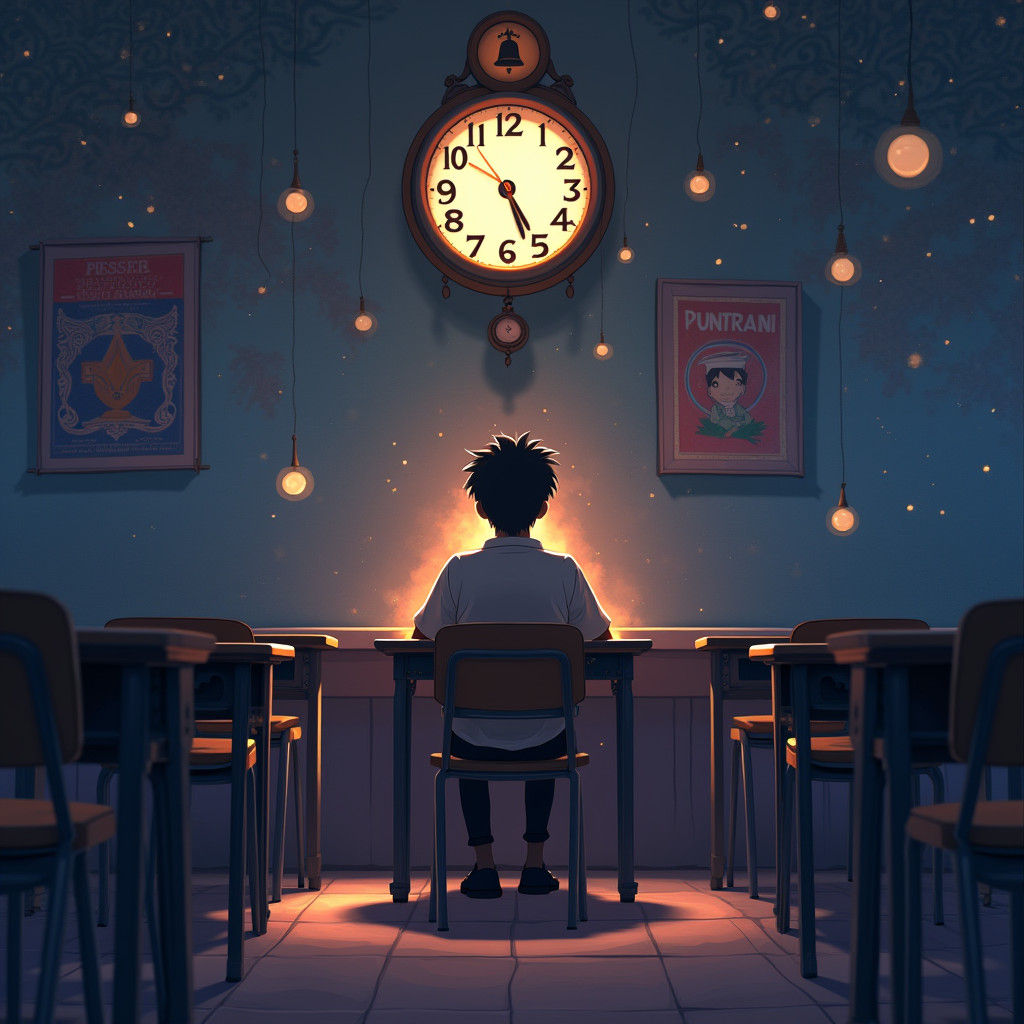 Anime Student in Classroom with Fantasy Lighting
