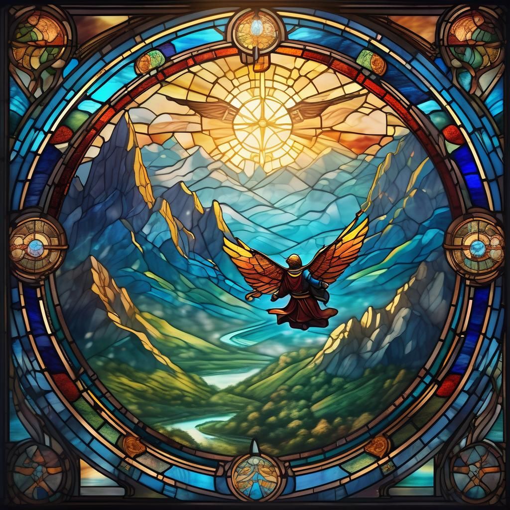 Majestic Phoenix Soaring: Stained Glass Art