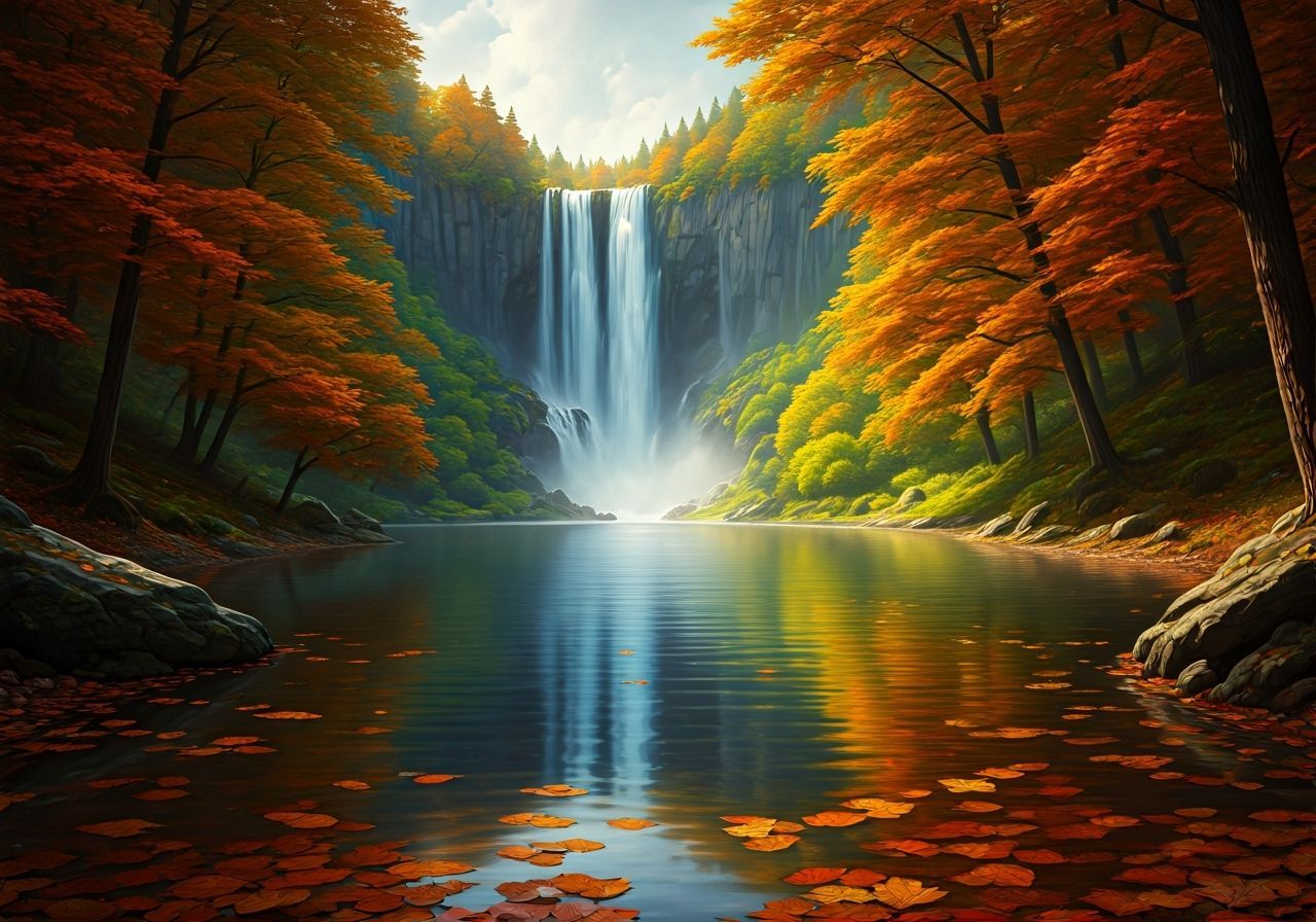 Ethereal Autumn Lake Mist with Rainbow