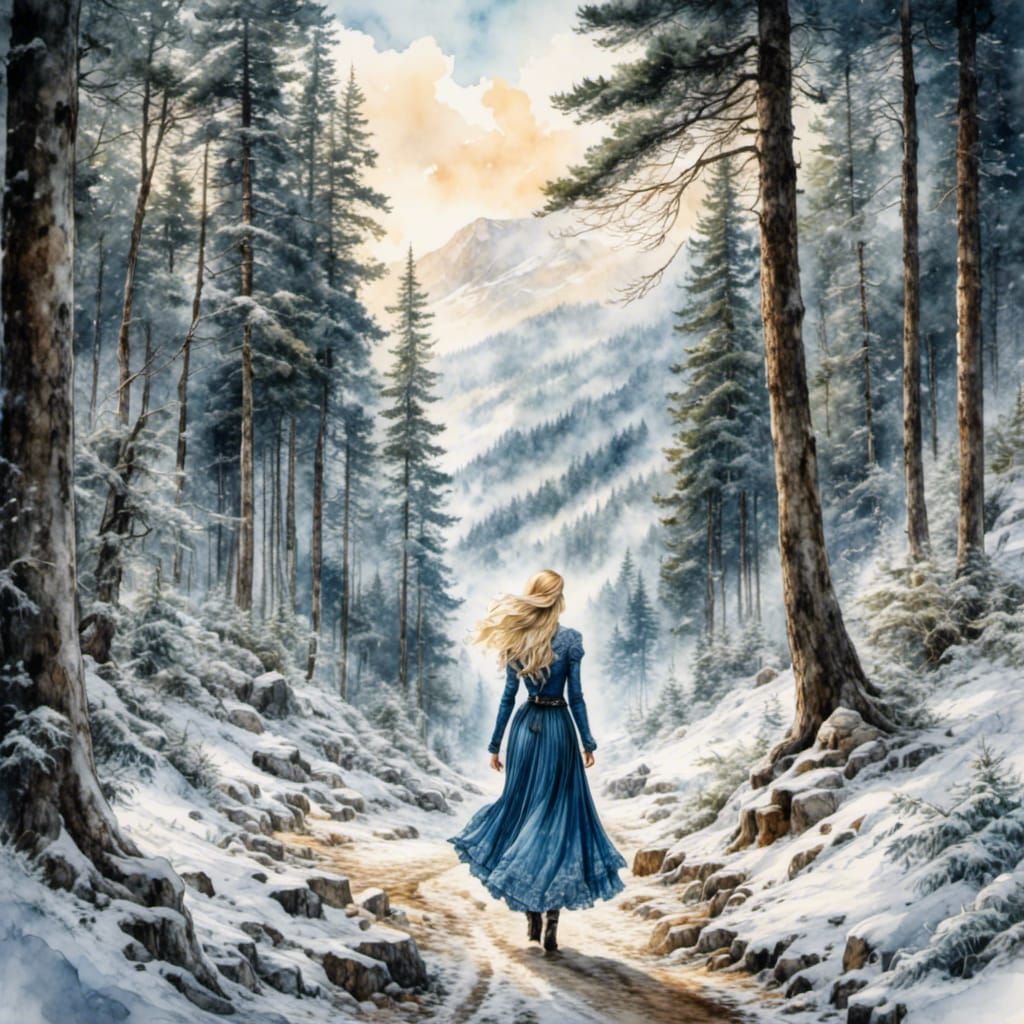Scandinavian Woman in Snowy Forest, Fairytale Illustration