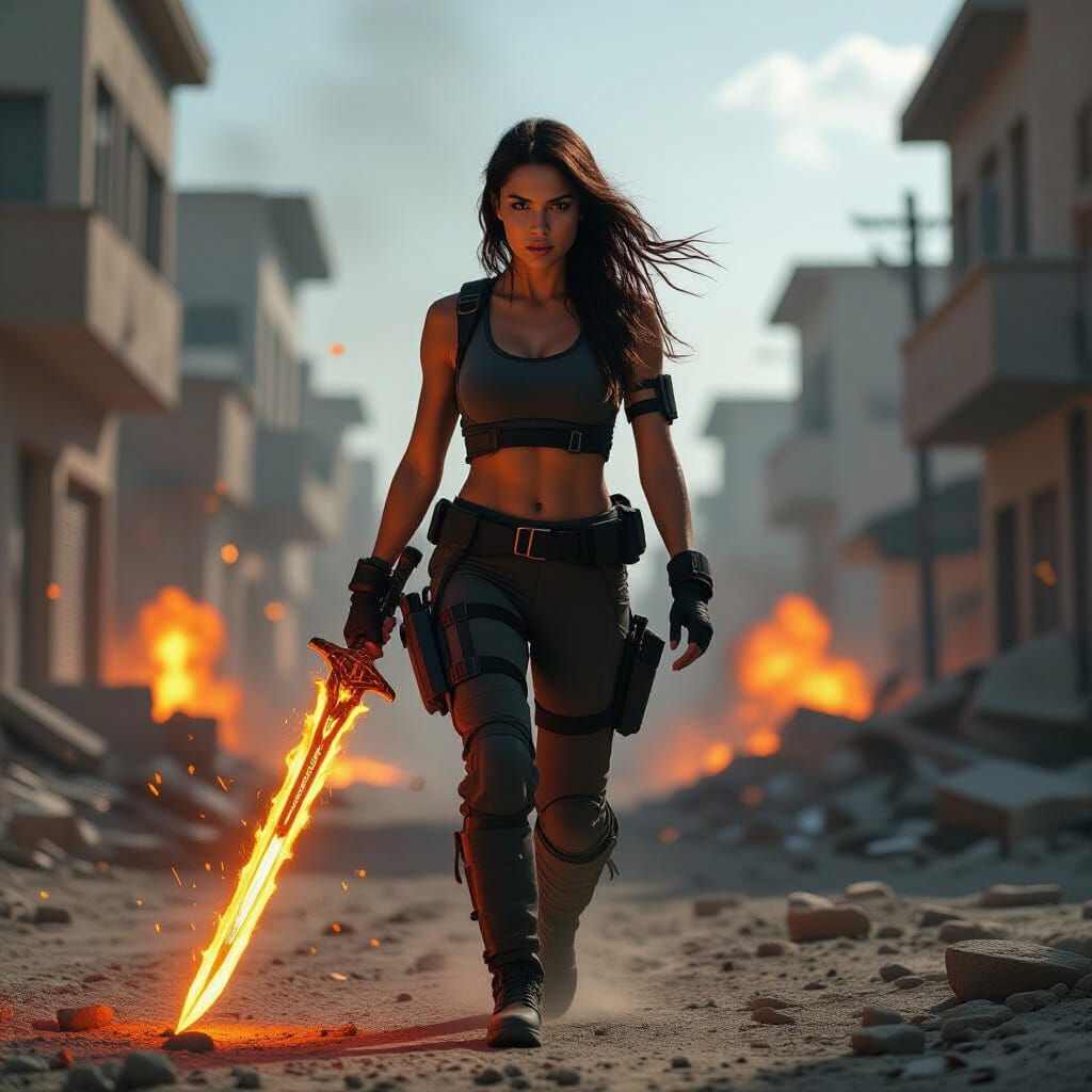 Woman Walks Past Collapsing Buildings With Fiery Sword