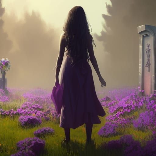 Girl with Purple Flowers at Grave, Art Nouveau Style